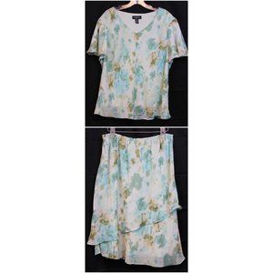 R&M Richards Outfit sz 18 W Teal Floral Shirt Tiered Skirt Spring Assmytrical